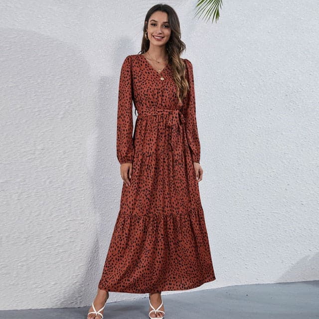 Print Tie Waist Tiered Long Sleeve Maxi Dress
