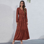 Print Tie Waist Tiered Long Sleeve Maxi Dress
