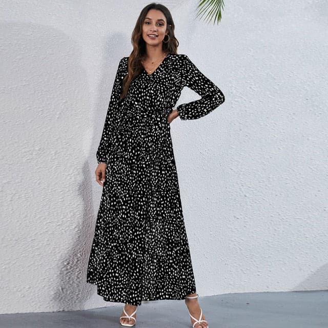 Print Tie Waist Tiered Long Sleeve Maxi Dress
