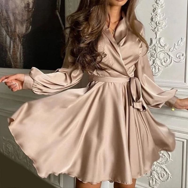 Satin Wrap Deep V-Neck Lantern Sleeve Tie Waist A-Line Mini Dress