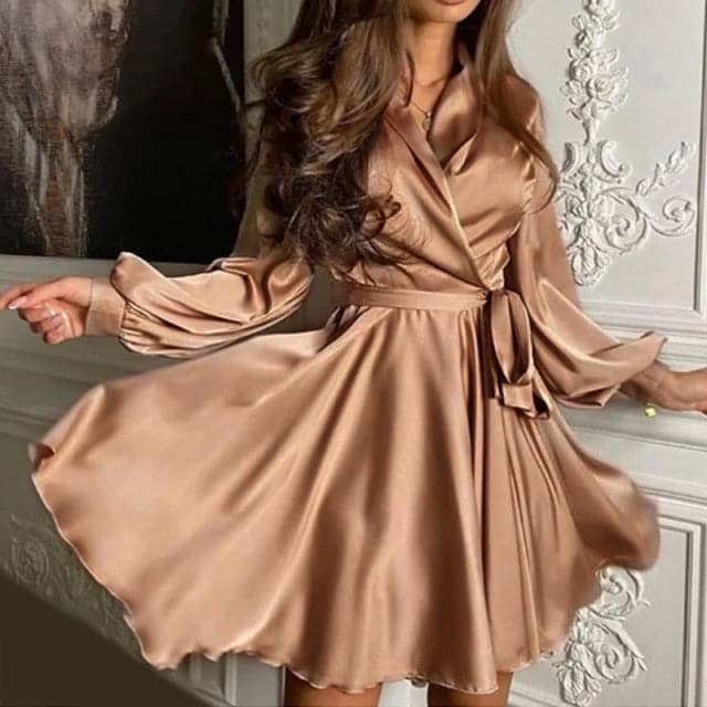 Satin Wrap Deep V-Neck Lantern Sleeve Tie Waist A-Line Mini Dress