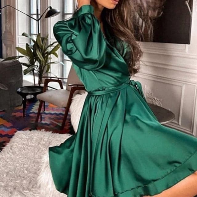 Satin Wrap Deep V-Neck Lantern Sleeve Tie Waist A-Line Mini Dress