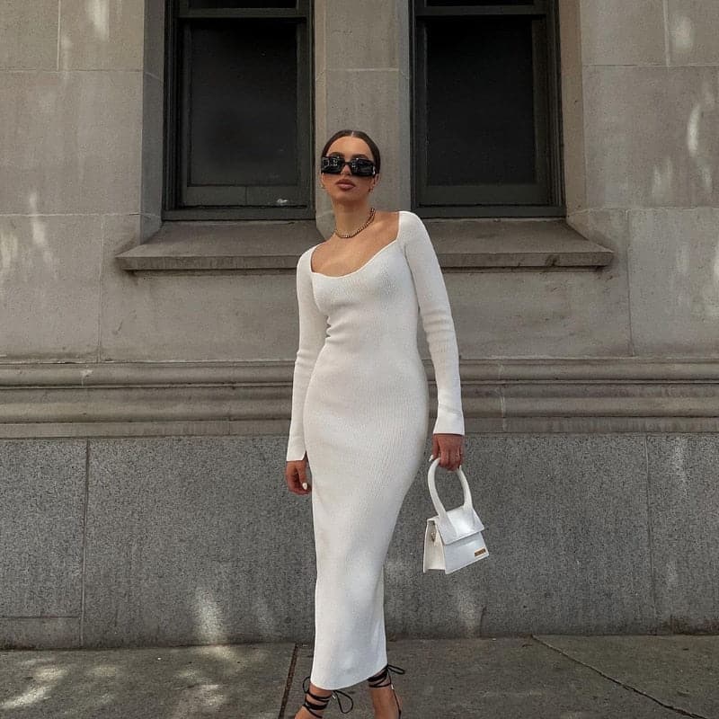 Rib Knit Square Neck Long Sleeve Bodycon Maxi Dress