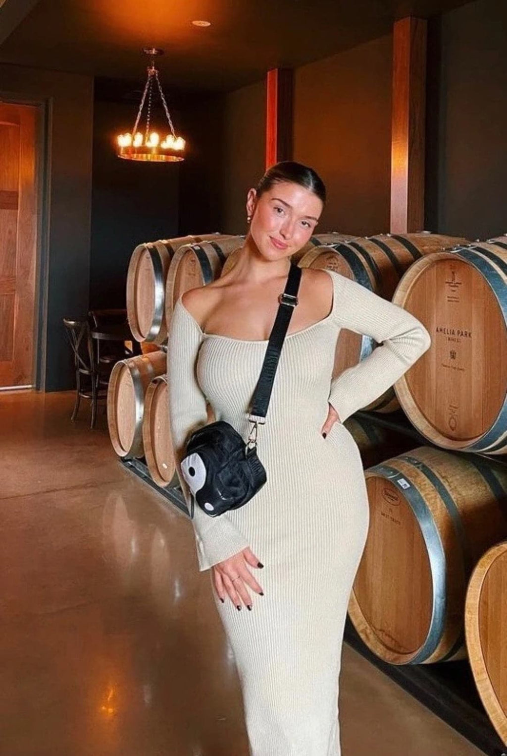 Rib Knit Square Neck Long Sleeve Bodycon Maxi Dress
