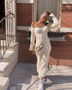 Rib Knit Square Neck Long Sleeve Bodycon Maxi Dress