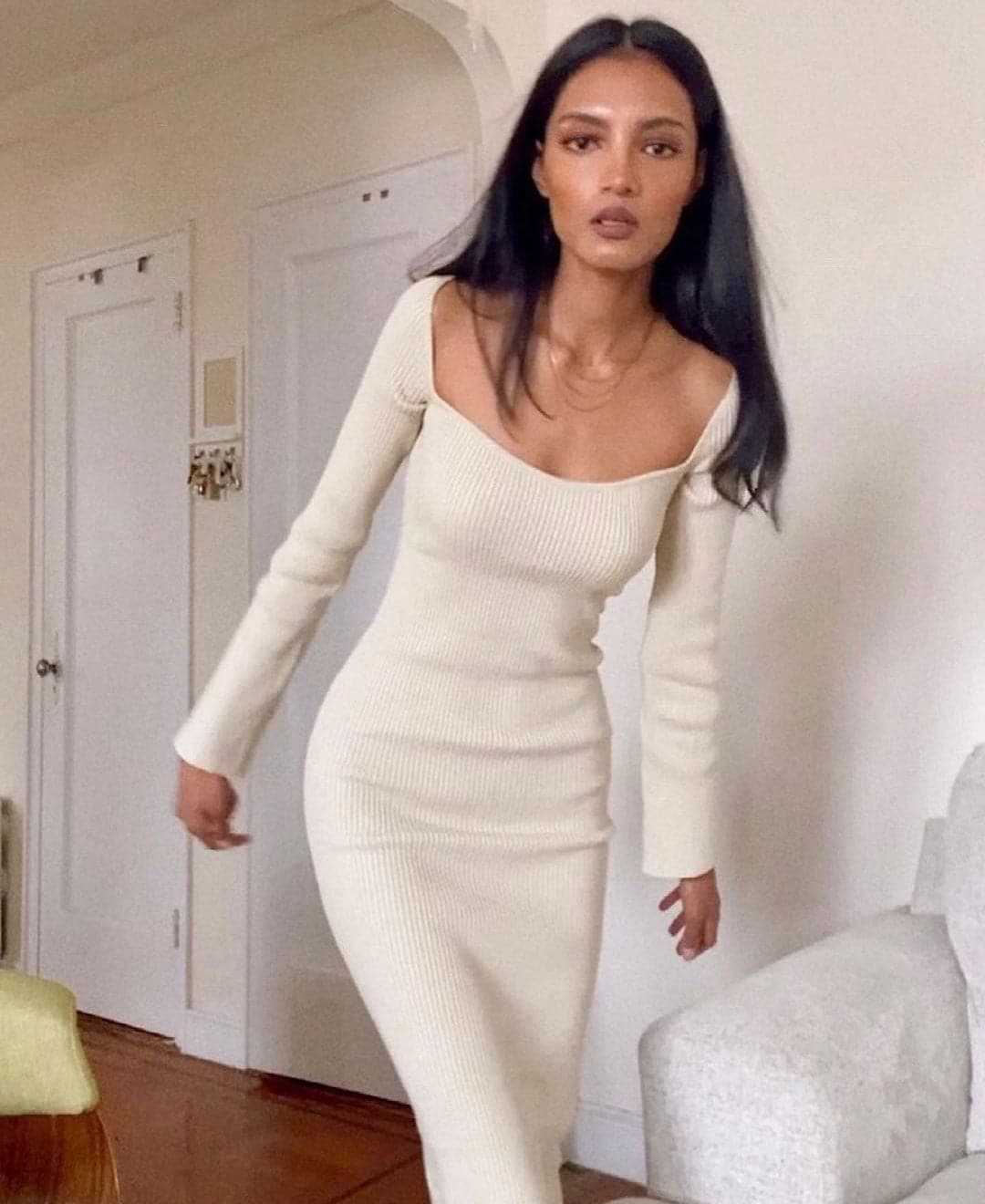 Rib Knit Square Neck Long Sleeve Bodycon Maxi Dress