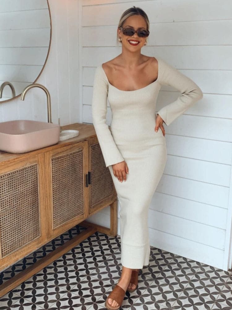 Rib Knit Square Neck Long Sleeve Bodycon Maxi Dress