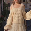 Off Shoulder Cable Knit Faux Fur Strap Lantern Sleeve Crop Top