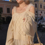 Off Shoulder Cable Knit Faux Fur Strap Lantern Sleeve Crop Top