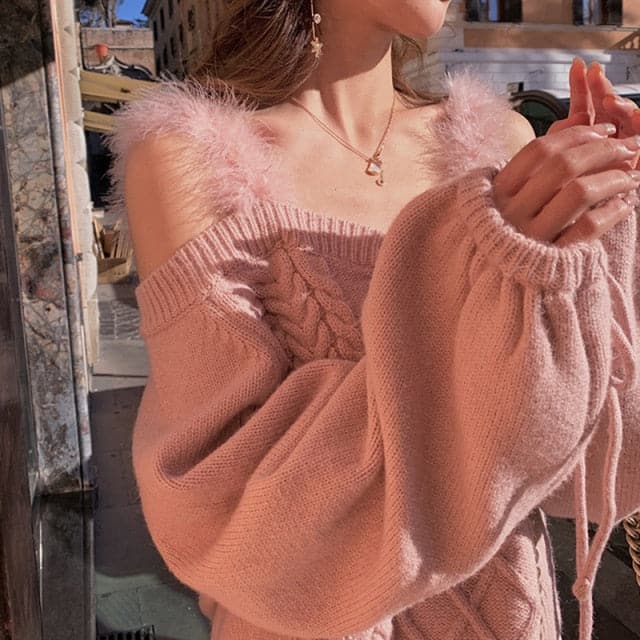 Off Shoulder Cable Knit Faux Fur Strap Lantern Sleeve Crop Top