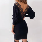 Deep V-Neck Puff Sleeve Ribbed Knit Bodycon Mini Dress