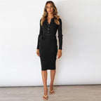 Polo Collar Button Placket Ribbed Knit Tie Waist Bodycon Midi Dress