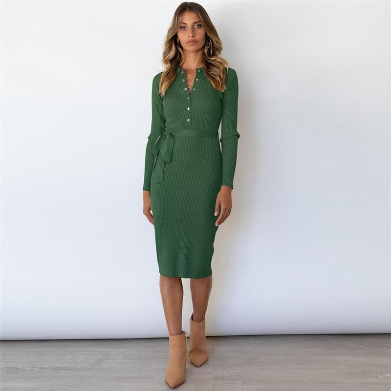 Polo Collar Button Placket Ribbed Knit Tie Waist Bodycon Midi Dress