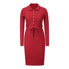 Polo Collar Button Placket Ribbed Knit Tie Waist Bodycon Midi Dress