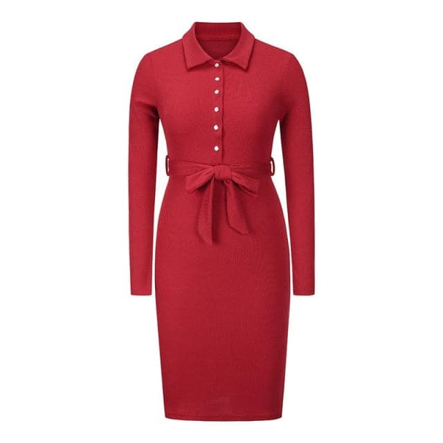 Polo Collar Button Placket Ribbed Knit Tie Waist Bodycon Midi Dress