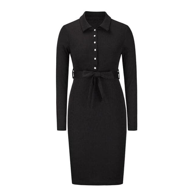 Polo Collar Button Placket Ribbed Knit Tie Waist Bodycon Midi Dress