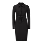 Polo Collar Button Placket Ribbed Knit Tie Waist Bodycon Midi Dress