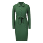 Polo Collar Button Placket Ribbed Knit Tie Waist Bodycon Midi Dress
