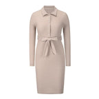 Polo Collar Button Placket Ribbed Knit Tie Waist Bodycon Midi Dress
