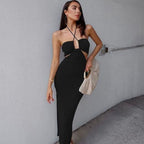 Halter Neck Ruched Bodice Side Cut Out High Split Bodycon Maxi Dress