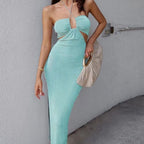 Halter Neck Ruched Bodice Side Cut Out High Split Bodycon Maxi Dress