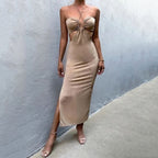 Halter Neck Ruched Bodice Side Cut Out High Split Bodycon Maxi Dress