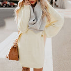 Balloon Sleeve Fuzzy Knit Crew Neck Sweater Mini Dress