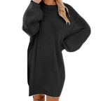Balloon Sleeve Fuzzy Knit Crew Neck Sweater Mini Dress