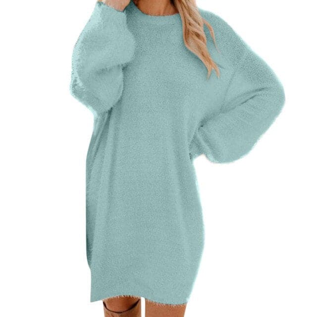 Balloon Sleeve Fuzzy Knit Crew Neck Sweater Mini Dress