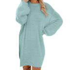 Balloon Sleeve Fuzzy Knit Crew Neck Sweater Mini Dress