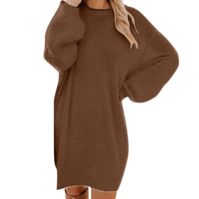 Balloon Sleeve Fuzzy Knit Crew Neck Sweater Mini Dress