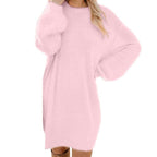 Balloon Sleeve Fuzzy Knit Crew Neck Sweater Mini Dress