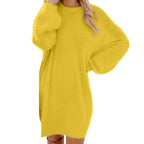 Balloon Sleeve Fuzzy Knit Crew Neck Sweater Mini Dress