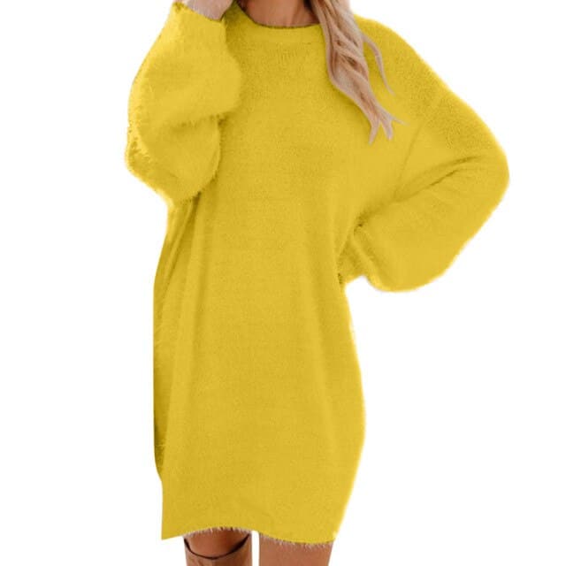 Balloon Sleeve Fuzzy Knit Crew Neck Sweater Mini Dress