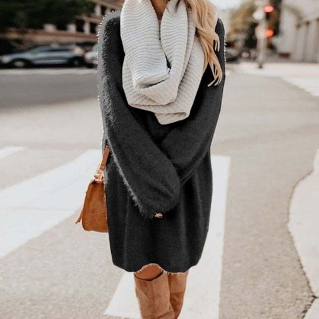 Eyelash Knit Oversized Crew Neck Sweater Mini Dress