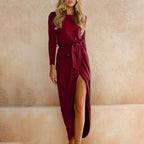 Tie Waist Long Sleeve Round Neck High Slit Wrap Maxi Dress
