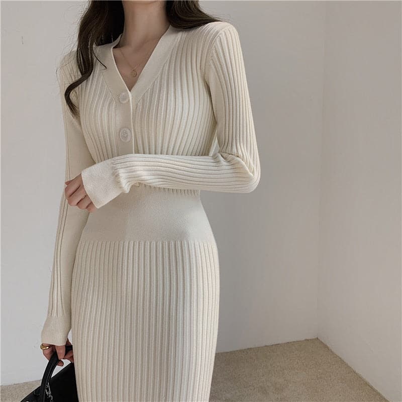 Ribbed Knit Button Front Cardigan Style Bodycon Midi Sweater Dress