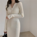 Ribbed Knit Button Front Cardigan Style Bodycon Midi Sweater Dress