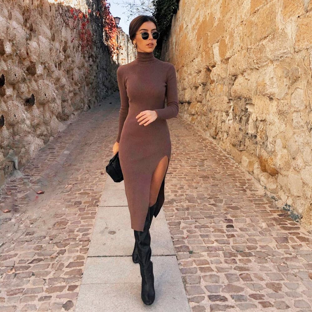 Ribbed Knit Turtleneck Long Sleeve High Slit Bodycon Midi Sweater Dress