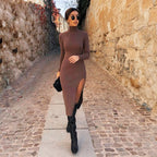Ribbed Knit Turtleneck Long Sleeve High Slit Bodycon Midi Sweater Dress