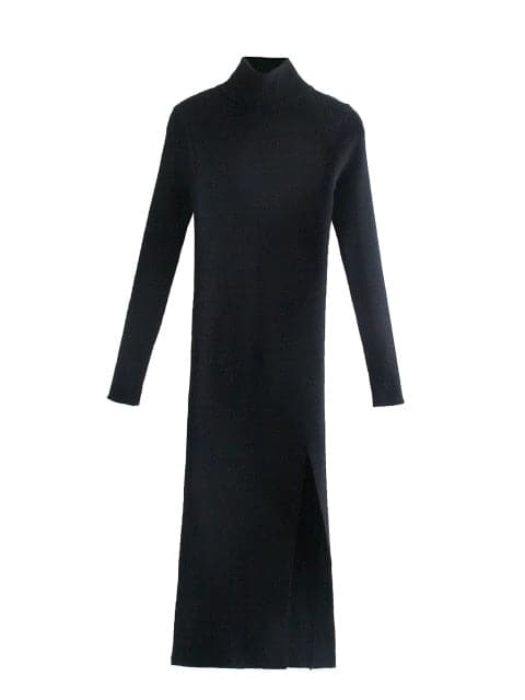 Ribbed Knit Turtleneck Long Sleeve High Slit Bodycon Midi Sweater Dress