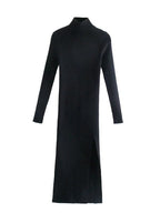 Ribbed Knit Turtleneck Long Sleeve High Slit Bodycon Midi Sweater Dress