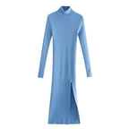 Ribbed Knit Turtleneck Long Sleeve High Slit Bodycon Midi Sweater Dress