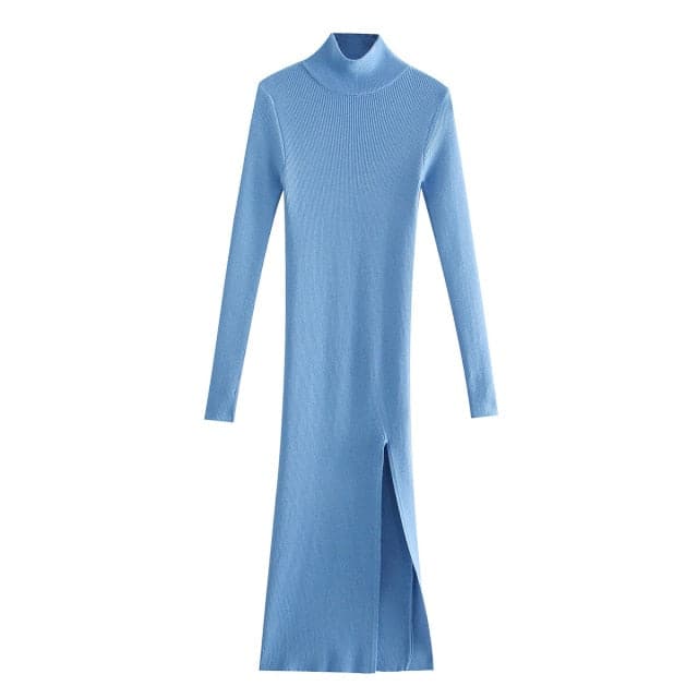 Ribbed Knit Turtleneck Long Sleeve High Slit Bodycon Midi Sweater Dress
