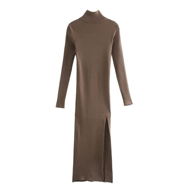 Ribbed Knit Turtleneck Long Sleeve High Slit Bodycon Midi Sweater Dress