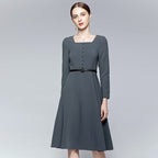 Square Neck Button Front Puff Sleeve Fit and Flare Midi Dress