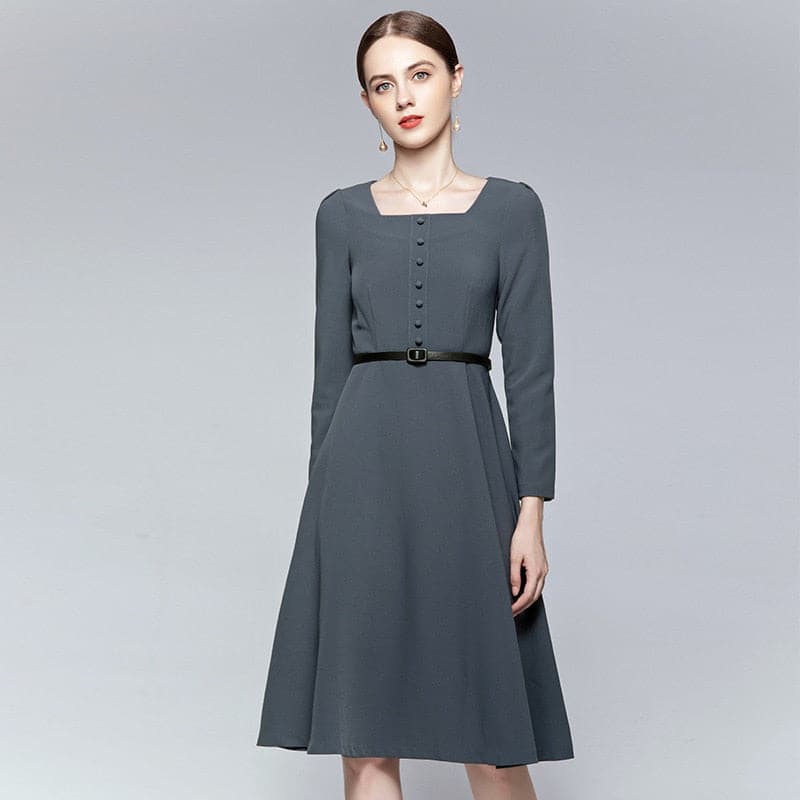 Square Neck Button Front Puff Sleeve Fit and Flare Midi Dress