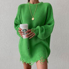 Oversized Distressed Ribbed Knit Drop Shoulder Sweater Dress