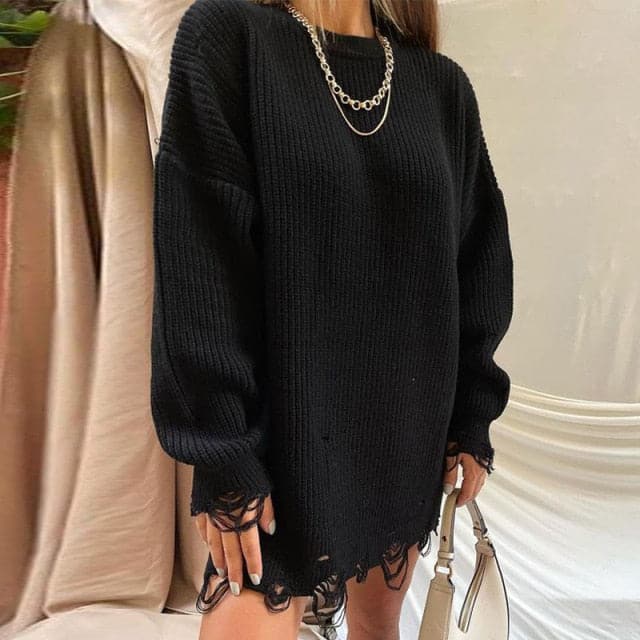 Oversized Distressed Ribbed Knit Drop Shoulder Sweater Dress