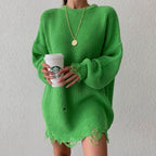 Oversized Distressed Ribbed Knit Drop Shoulder Sweater Dress